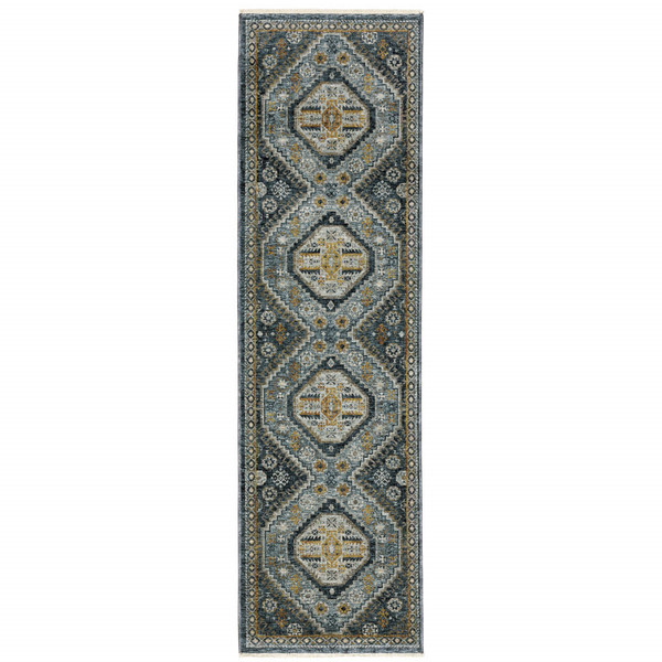 2' X 8' Blue Gold Ivory And Navy Oriental Power Loom Stain Resistant Runner Rug With Fringe N270-508087