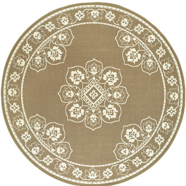 8' X 8' Tan Round Oriental Stain Resistant Indoor Outdoor Area Rug N270-507756