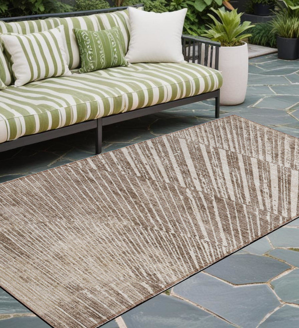 8' Runner Taupe and Ivory Abstract Washable Non Skid Indoor Outdoor Runner Rug N270-561994