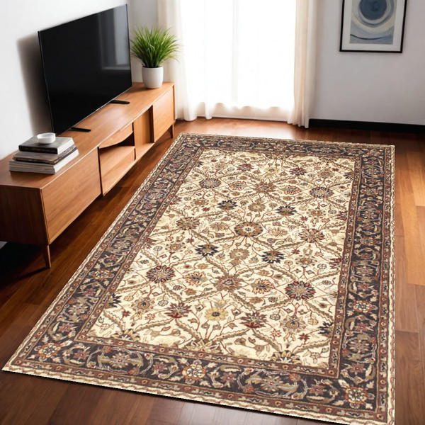 5' X 8' Ivory and Black Oriental Hand Tufted Non Skid Area Rug N270-558175