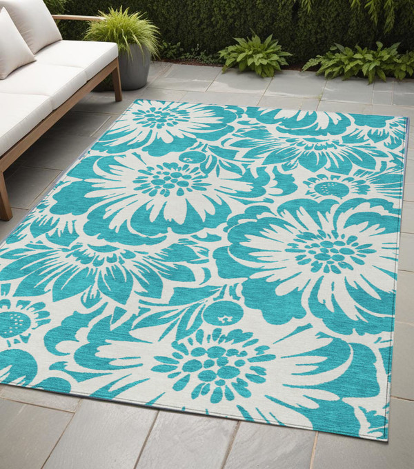 5' X 8' Teal and Ivory Floral Washable Non Skid Indoor Outdoor Area Rug N270-562546