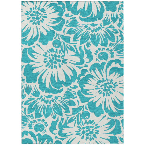 5' X 8' Teal and Ivory Floral Washable Non Skid Indoor Outdoor Area Rug N270-562546