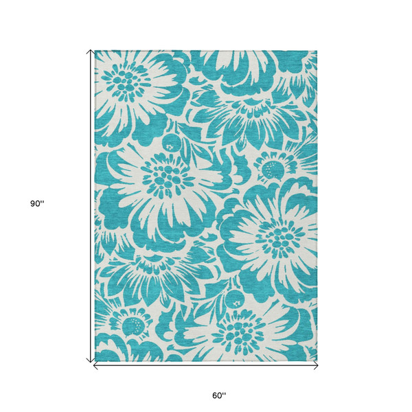 5' X 8' Teal and Ivory Floral Washable Non Skid Indoor Outdoor Area Rug N270-562546