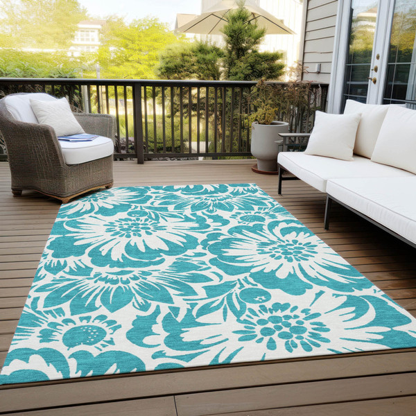 5' X 8' Teal and Ivory Floral Washable Non Skid Indoor Outdoor Area Rug N270-562546