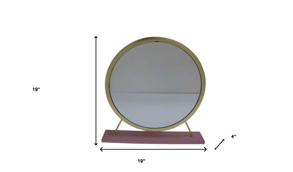 19" Faux Fur, Mirror, Pink & Gold Finish Round Makeup Shaving Tabletop Mirror N270-485939