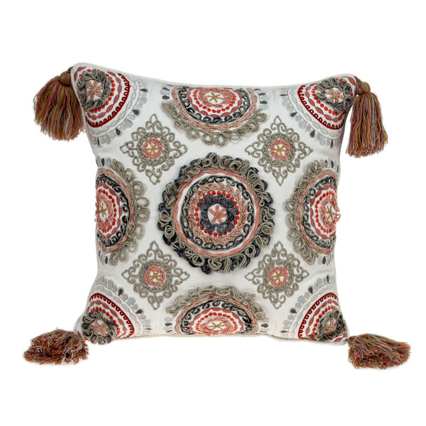 18" Red and White Floral Cotton Throw Pillow With Embroidery, Tassels N270-529193