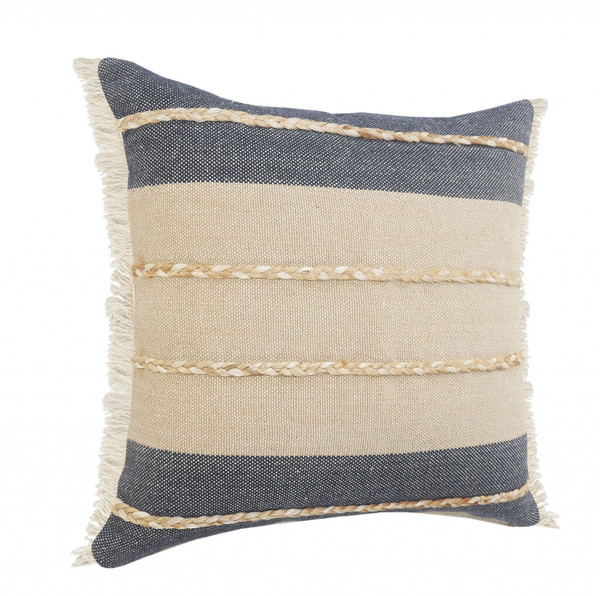 24" X 24" Denim Blue Tan And Taupe Jute Coastal Zippered Pillow N270-516725