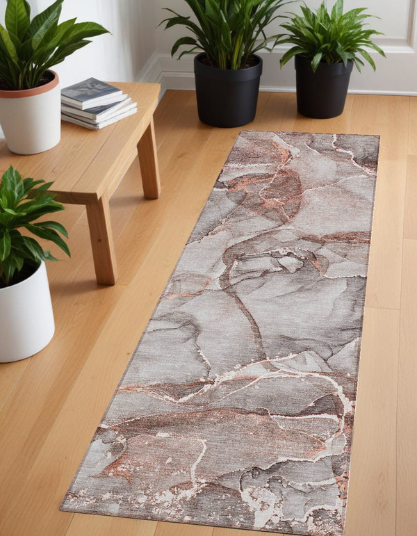 8' Runner Gray and Red Abstract Washable Non Skid Indoor Outdoor Runner Rug N270-560349