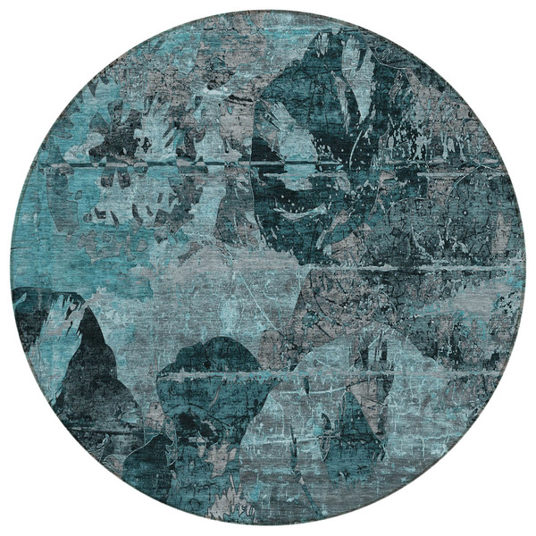 8' Round Teal and Gray Round Floral Washable Non Skid Indoor Outdoor Area Rug N270-562799