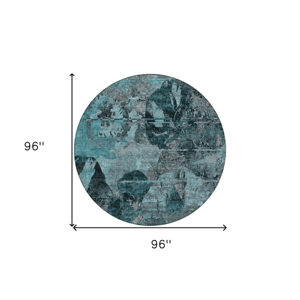 8' Round Teal and Gray Round Floral Washable Non Skid Indoor Outdoor Area Rug N270-562799