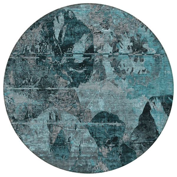 8' Round Teal and Gray Round Floral Washable Non Skid Indoor Outdoor Area Rug N270-562799