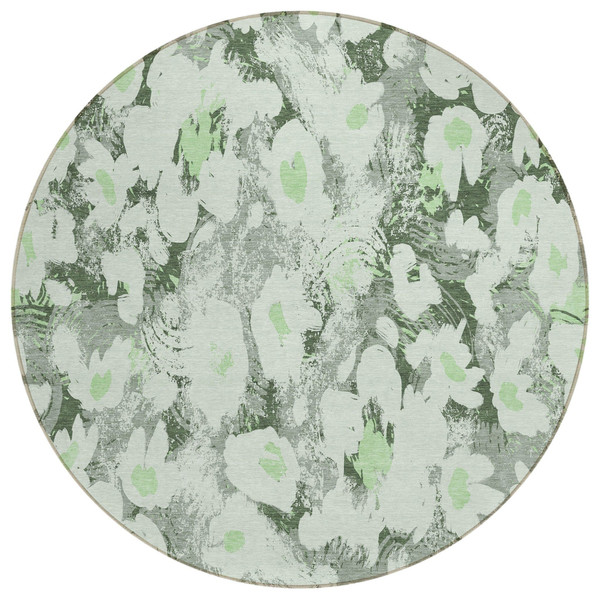 8' Round Artichoke Green Round Floral Washable Non Skid Indoor Outdoor Area Rug N270-561701