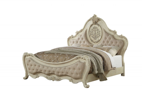 Antiqued White King Tufted Upholstered Linen Bed Frame with Nailhead Trim N270-348210