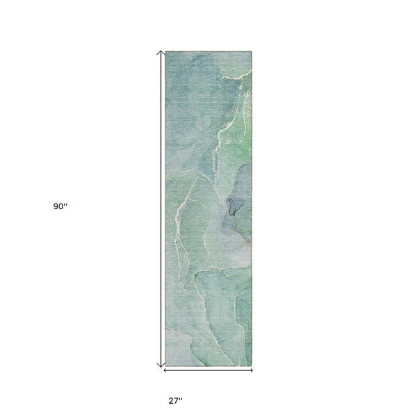 8' Runner Teal Abstract Washable Non Skid Indoor Outdoor Runner Rug N270-559939