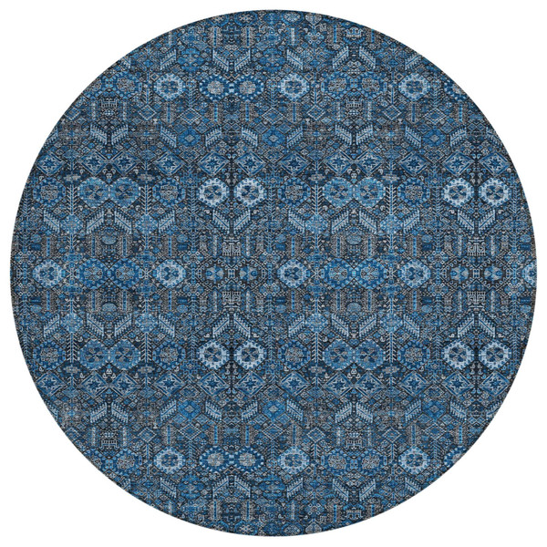 8' Round Blue and Black Round Floral Washable Non Skid Indoor Outdoor Area Rug N270-564307