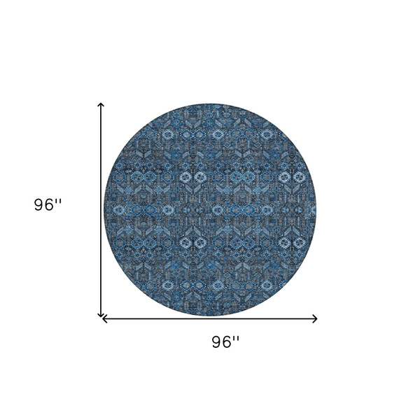 8' Round Blue and Black Round Floral Washable Non Skid Indoor Outdoor Area Rug N270-564307