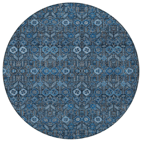 8' Round Blue and Black Round Floral Washable Non Skid Indoor Outdoor Area Rug N270-564307
