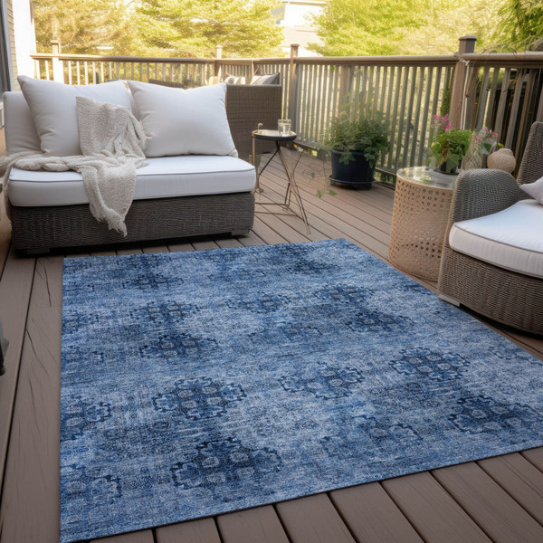 9' X 12' Navy Blue Floral Medallion Washable Non Skid Indoor Outdoor Area Rug N270-562969