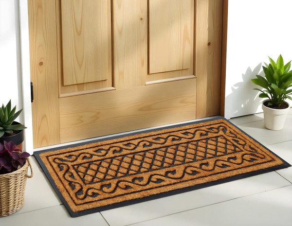 18" X 47" Beige and Black Rubber and Coir Outdoor Door Mat N270-572199
