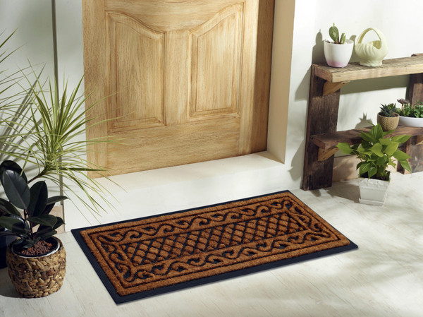 18" X 47" Beige and Black Rubber and Coir Outdoor Door Mat N270-572199