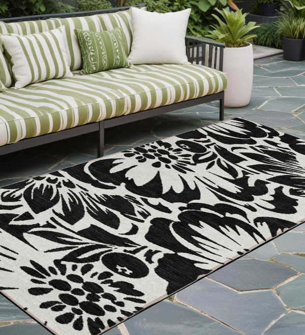 8' Runner Black and Ivory Floral Washable Non Skid Indoor Outdoor Runner Rug N270-562408