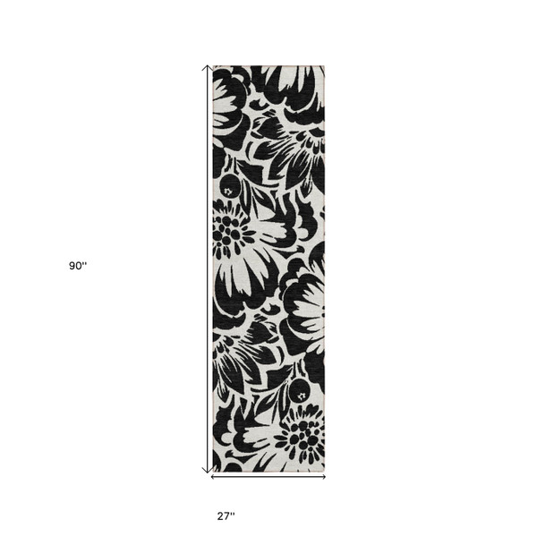 8' Runner Black and Ivory Floral Washable Non Skid Indoor Outdoor Runner Rug N270-562408
