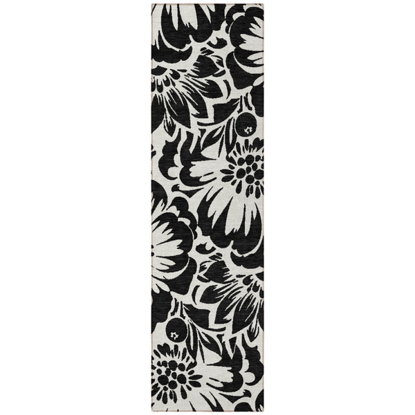 8' Runner Black and Ivory Floral Washable Non Skid Indoor Outdoor Runner Rug N270-562408