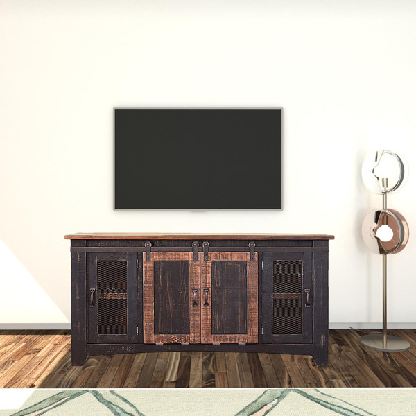 60" Black Solid Wood Cabinet Enclosed Storage Distressed TV Stand N270-528709