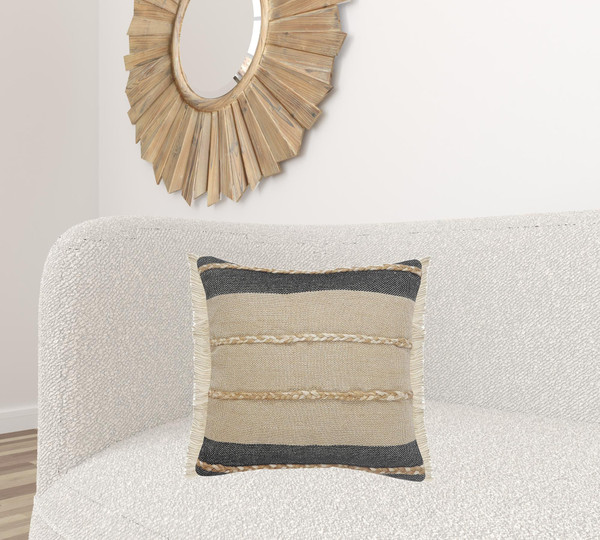 20" X 20" Beige And Ivory Jute Striped Zippered Pillow With Fringe N270-516728