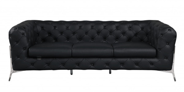 93" Black Italian Leather Chesterfield Sofa With Silver Legs N270-476526