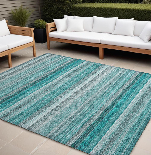 9' X 12' Teal Striped Washable Non Skid Indoor Outdoor Area Rug N270-561545