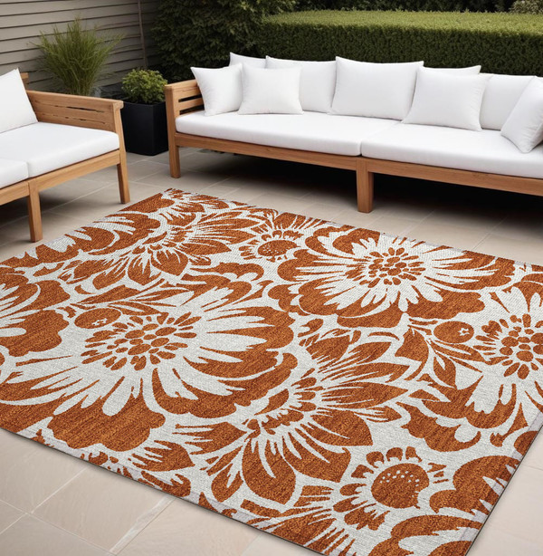 8' X 10' Rust and Ivory Floral Washable Non Skid Indoor Outdoor Area Rug N270-562503