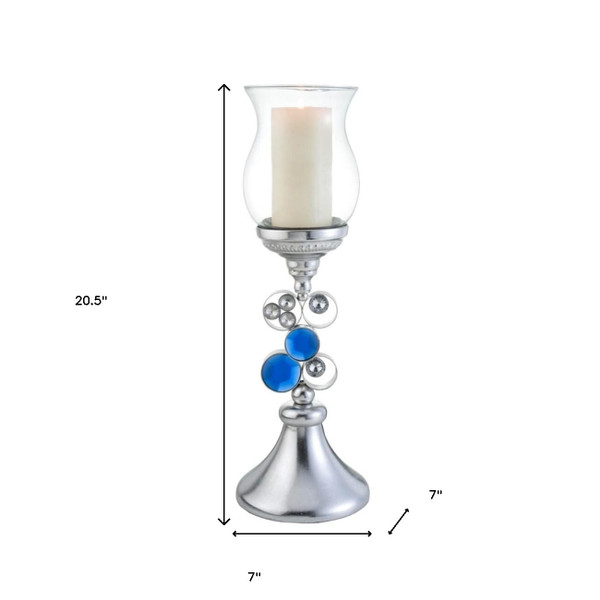 21" Silver and Blue Faux Crystal Bling Hurricane Candle Holder N270-468339