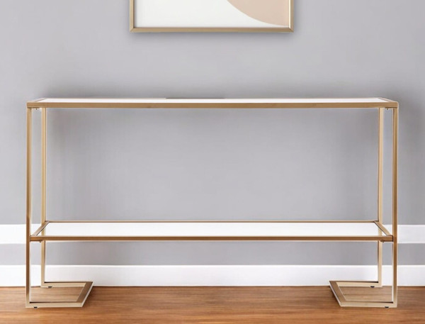 52" Clear and Gold Glass Mirrored Sled Console Table With Shelves N270-402371
