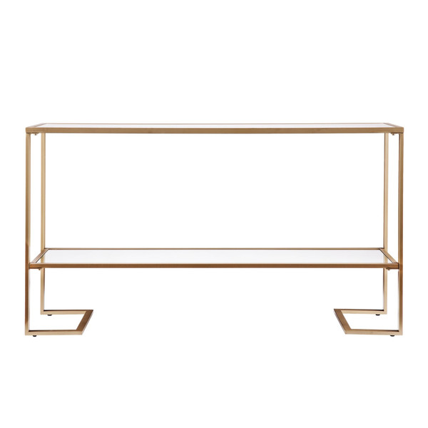 52" Clear and Gold Glass Mirrored Sled Console Table With Shelves N270-402371