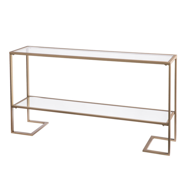 52" Clear and Gold Glass Mirrored Sled Console Table With Shelves N270-402371