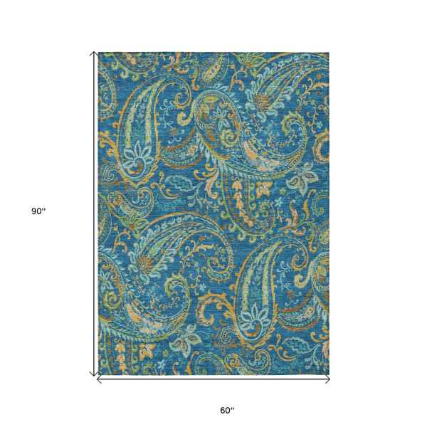 5' X 8' Navy Blue Paisley Washable Non Skid Indoor Outdoor Area Rug N270-561432