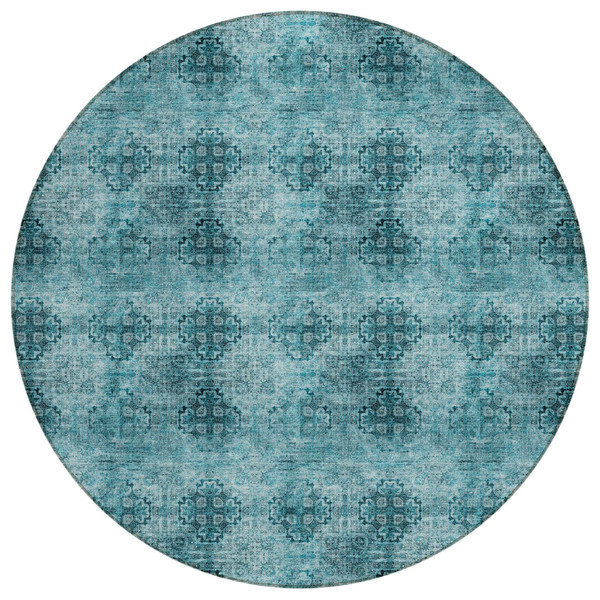 8' X 8' Teal Round Floral Medallion Washable Non Skid Indoor Outdoor Area Rug N270-563003
