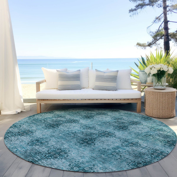 8' X 8' Teal Round Floral Medallion Washable Non Skid Indoor Outdoor Area Rug N270-563003