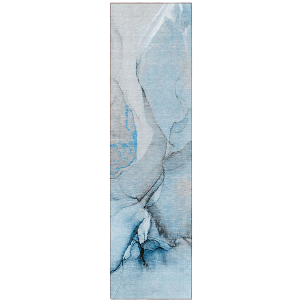 8' Runner Blue and Ivory Abstract Washable Non Skid Indoor Outdoor Runner Rug N270-559677