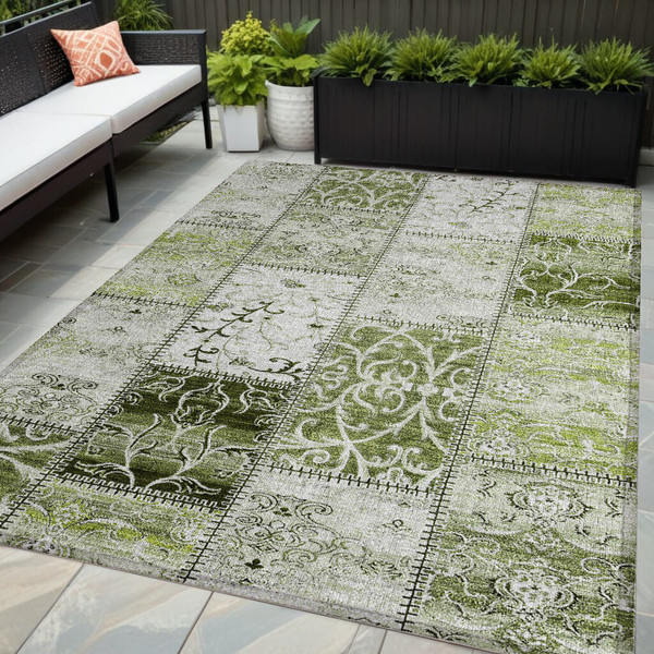 5' X 8' Green Patchwork Washable Non Skid Indoor Outdoor Area Rug N270-563560