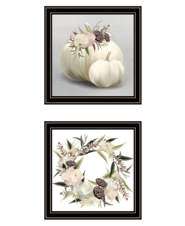 Set Of Two BOHO Pumpkins and Flowers 1 Black Framed Print Wall Art N270-408202
