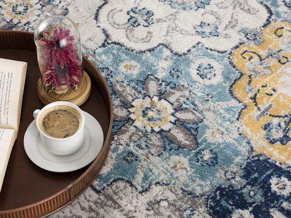5' X 7' Blue and Yellow Floral Area Rug N270-392917
