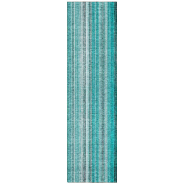 8' Runner Teal and Gray Striped Washable Non Skid Indoor Outdoor Runner Rug N270-562093
