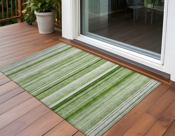 3' X 5' Artichoke Green Striped Washable Non Skid Indoor Outdoor Area Rug N270-560981