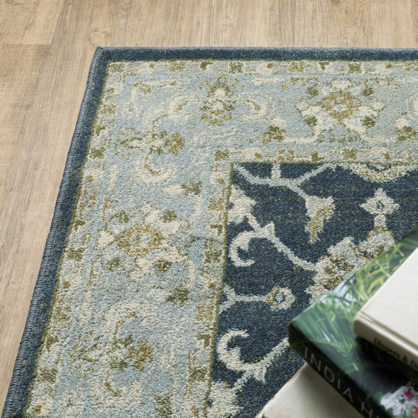 5' X 7' Teal Blue Ivory Green And Grey Oriental Power Loom Stain Resistant Area Rug N270-508452
