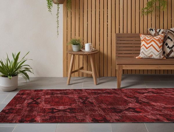 8' Runner Burgundy and Black Floral Medallion Washable Non Skid Indoor Outdoor Runner Rug N270-563395