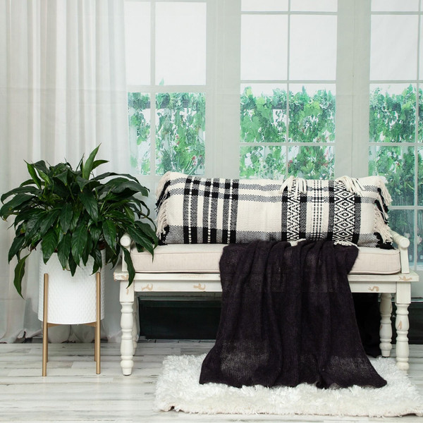 12" X 35" Black and White Plaid Cotton Lumbar Throw Pillow With Fringe N270-383143