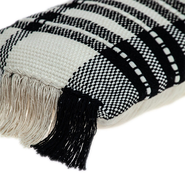 12" X 35" Black and White Plaid Cotton Lumbar Throw Pillow With Fringe N270-383143
