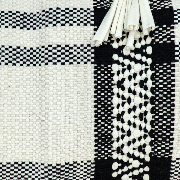 12" X 35" Black and White Plaid Cotton Lumbar Throw Pillow With Fringe N270-383143